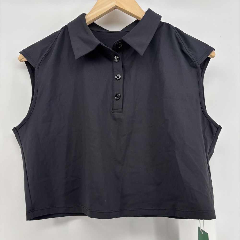 NWT Halara Women Sleeveless Polo Shirt M Black Cropped Quarter Button Athletic